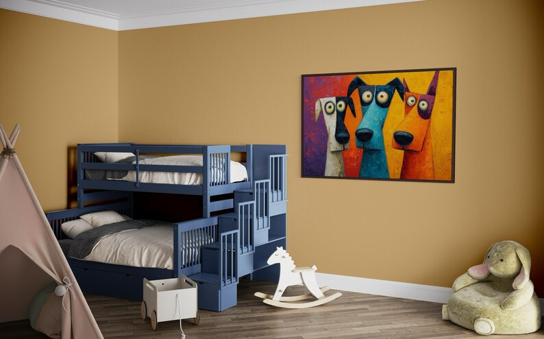 Colorful modern dog art print featuring three quirky cartoon-style dogs with big round eyes and long snouts. Vibrant palette of orange, teal, yellow, purple, and cream creates a fun pop-art look. A playful wall decor piece perfect for kids’ rooms, dog lovers, funky living rooms, vet offices, or eclectic gallery walls. (Print only, no texture.)