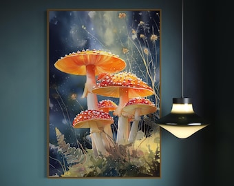 May include: A rectangular wall art print featuring a cluster of vibrant orange and red mushrooms with white spots on their caps. The mushrooms are set against a dark, moody background with wispy, light-coloured grasses and foliage.