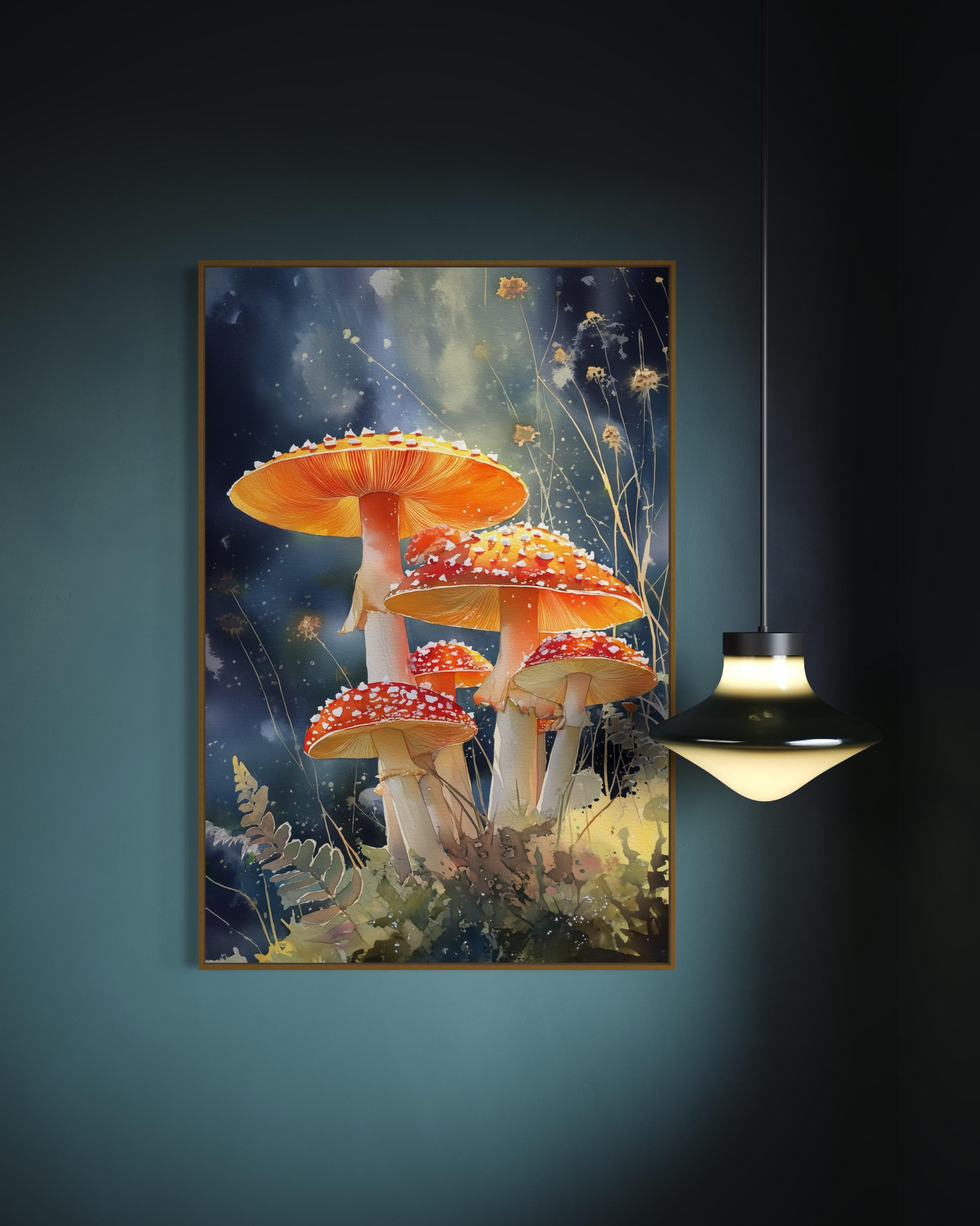 Mystical Mushroom Art Print – Enchanted Amanita Watercolor, Forest