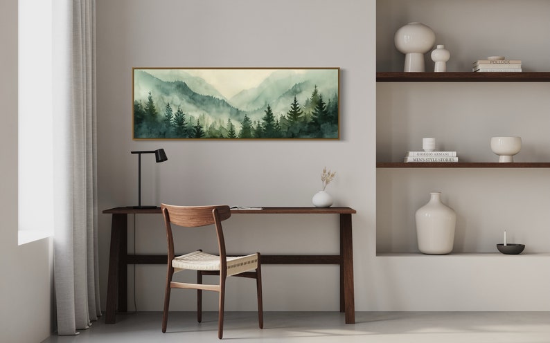 Misty Mountain Serenity: A dreamy vista where lush evergreens pierce through the soft veil of morning mist, creating layers of tranquil beauty.