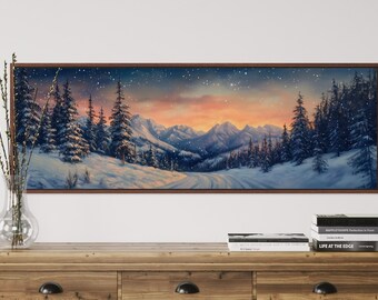 Lámina artística de paisaje invernal de montaña: arte mural de bosque nevado, decoración acogedora para cabaña, escena invernal al atardecer.
