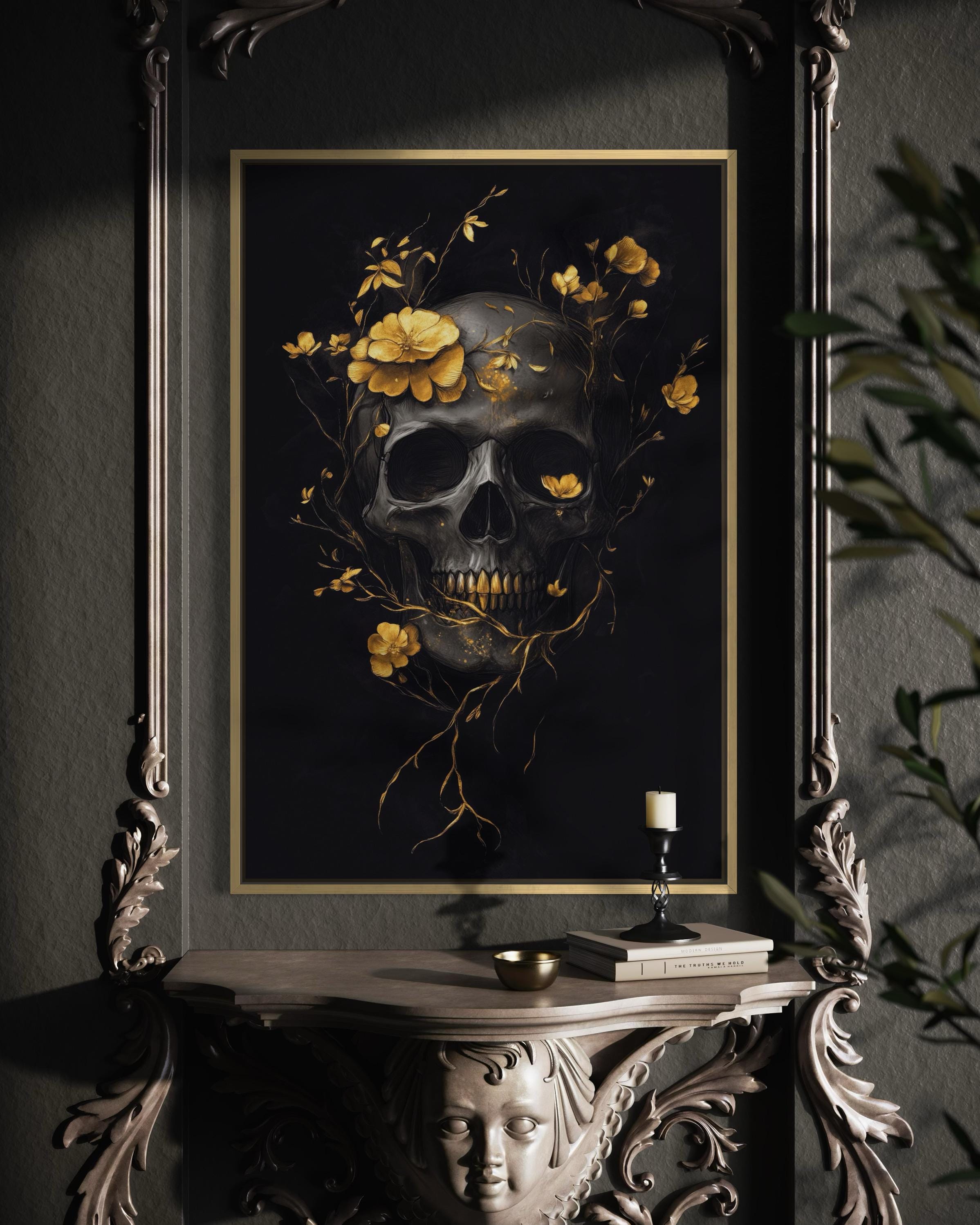 Gothic Skull Art Print – Dark Floral Witchy Artwork, Black and Gold ...