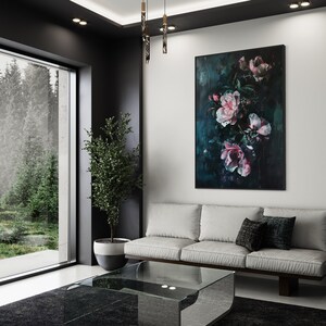 Emerald Nocturne  - A captivating floral display, with blooms of pink and white against a deep teal backdrop, exuding a mysterious, nocturnal charm.