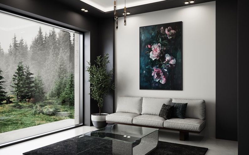 Emerald Nocturne  - A captivating floral display, with blooms of pink and white against a deep teal backdrop, exuding a mysterious, nocturnal charm.
