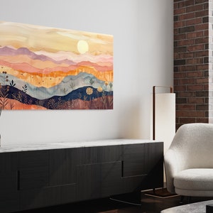 Serene rolling hills under a gentle sun, depicted in warm, soothing tones and stylized layers, evoke a sense of calm and whimsy in this pastoral landscape.