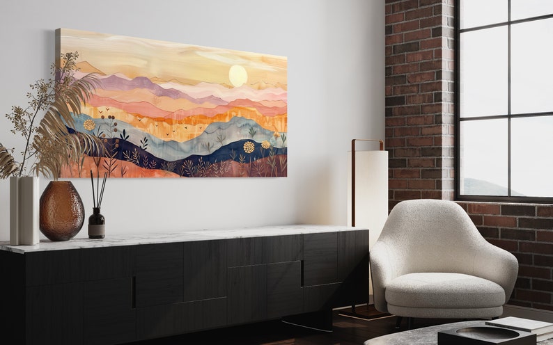 Serene rolling hills under a gentle sun, depicted in warm, soothing tones and stylized layers, evoke a sense of calm and whimsy in this pastoral landscape.