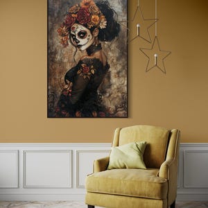 Ethereal portrayal of a woman in Day of the Dead makeup, adorned with a crown of autumn-toned flowers, set against a moody, textured backdrop, evoking both beauty and mystery.