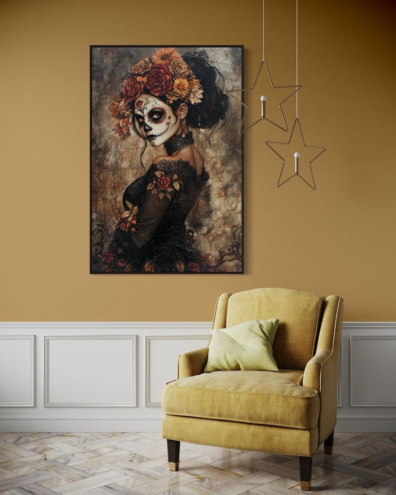 Ethereal portrayal of a woman in Day of the Dead makeup, adorned with a crown of autumn-toned flowers, set against a moody, textured backdrop, evoking both beauty and mystery.