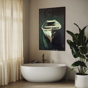 A tranquil artwork capturing a rustic boat's serene reflection in still waters, embodying a quiet escape and the beauty of simplicity. Ideal for a calming space.