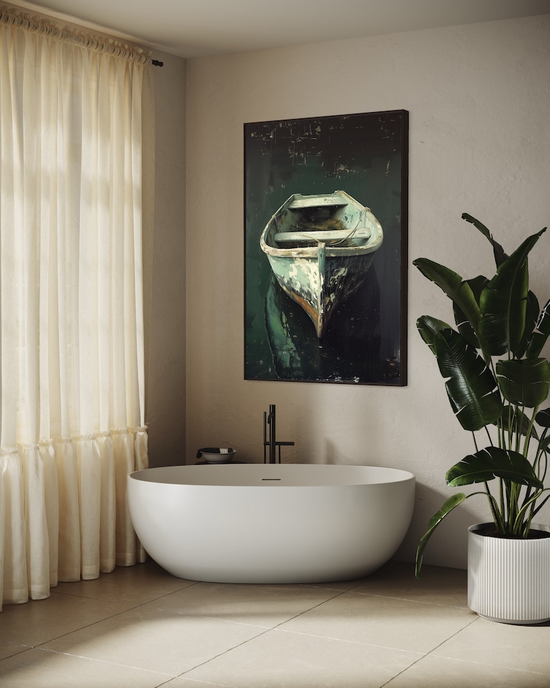 A tranquil artwork capturing a rustic boat's serene reflection in still waters, embodying a quiet escape and the beauty of simplicity. Ideal for a calming space.