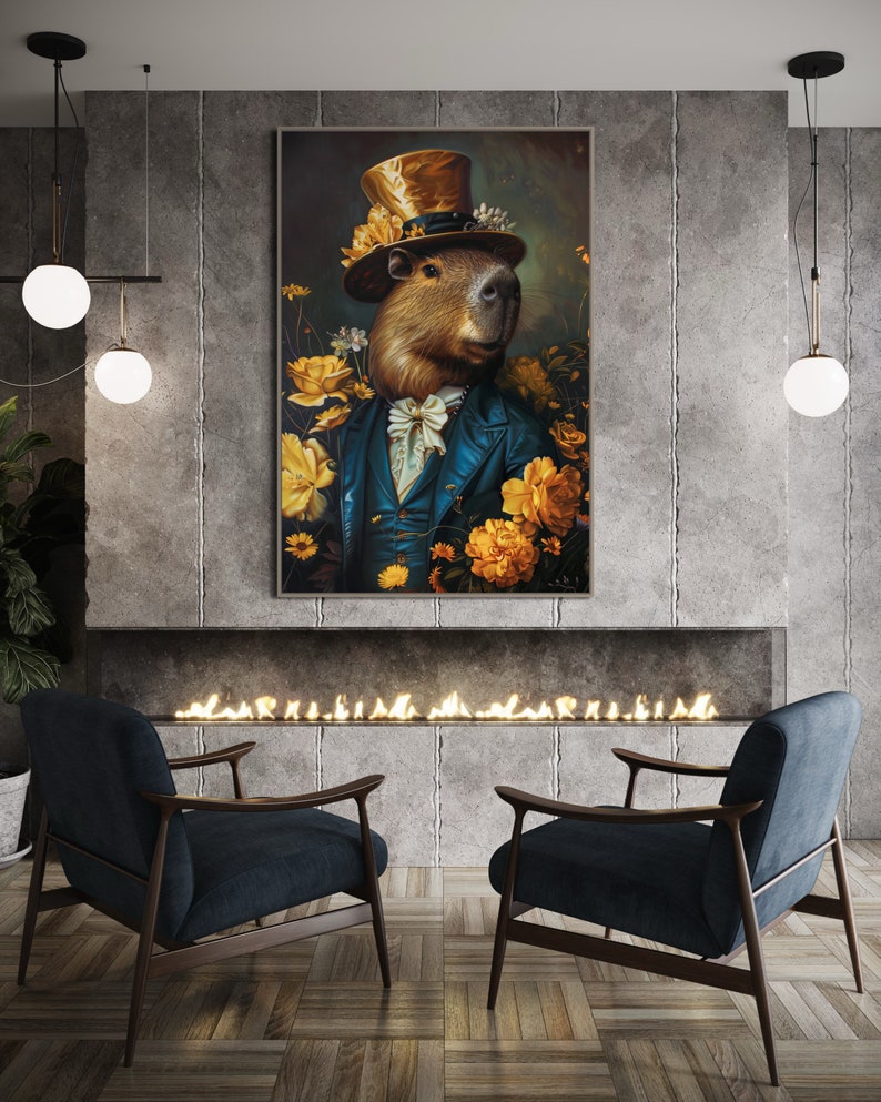An elegantly attired capybara in a top hat graces this portrait, surrounded by a vibrant bloom of golden flowers, emanating sophistication and charm.