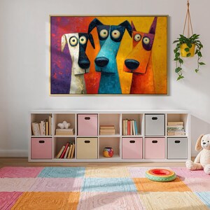 Colorful modern dog art print featuring three quirky cartoon-style dogs with big round eyes and long snouts. Vibrant palette of orange, teal, yellow, purple, and cream creates a fun pop-art look. A playful wall decor piece perfect for kids’ rooms, dog lovers, funky living rooms, vet offices, or eclectic gallery walls. (Print only, no texture.)