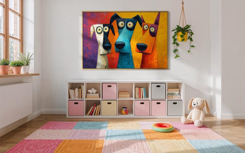 Colorful modern dog art print featuring three quirky cartoon-style dogs with big round eyes and long snouts. Vibrant palette of orange, teal, yellow, purple, and cream creates a fun pop-art look. A playful wall decor piece perfect for kids’ rooms, dog lovers, funky living rooms, vet offices, or eclectic gallery walls. (Print only, no texture.)