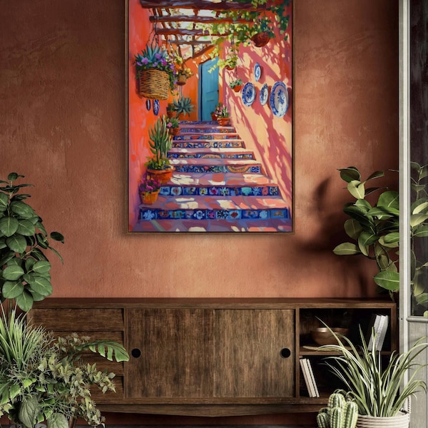Vibrant Mexican Courtyard Wall Art - Colorful Boho Patio Canvas, Rustic Stairway Print, Cactus Garden Decor, Artistic Living Room
