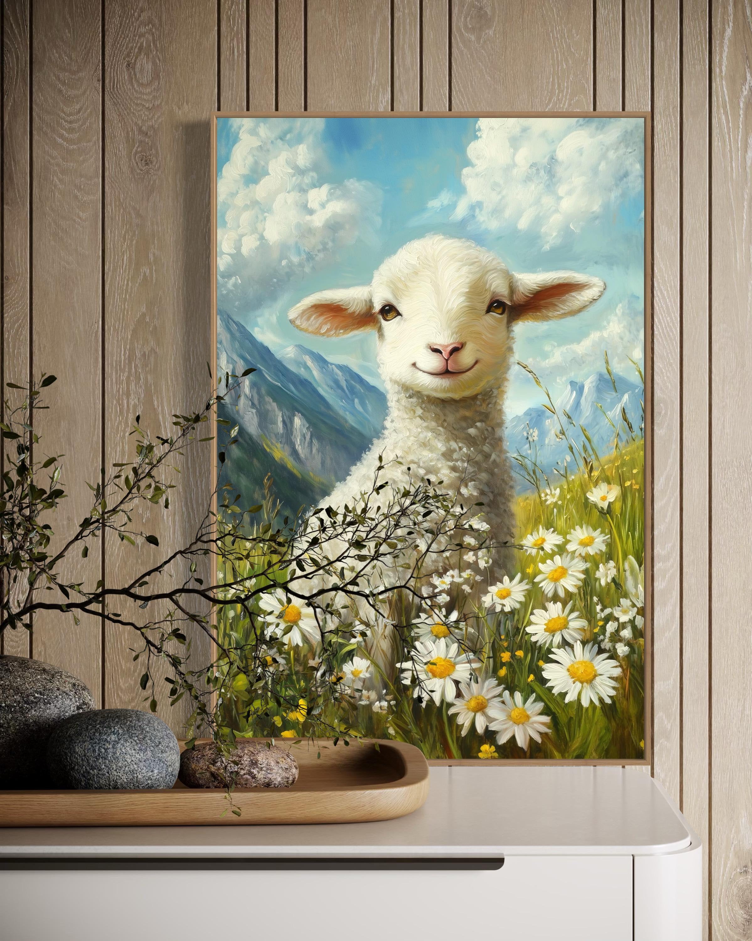 【flowerさま】 vintage animal ❀ グリーンの瞳の 羊ちゃん Lamb Wall Art - Whimsical Farm Animal Print, Daisy Meadow Artwork