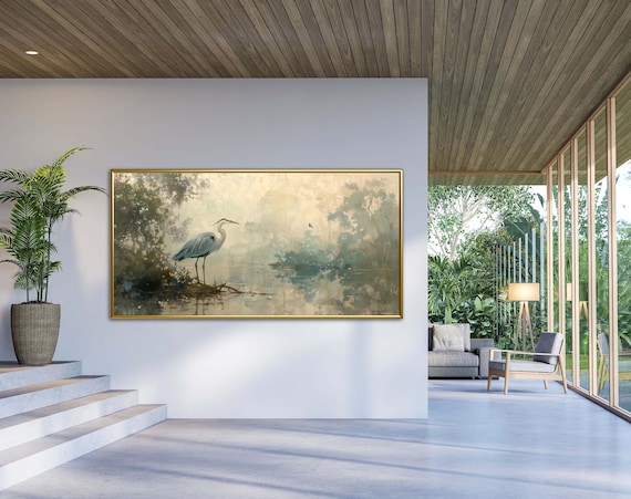 Blue Heron: Heron Wall Art Print, Muted Colors Tranquil Wall Art, Blue Heron Art, Lake Life, Peaceful Bedroom Art, Swamp Painting Print