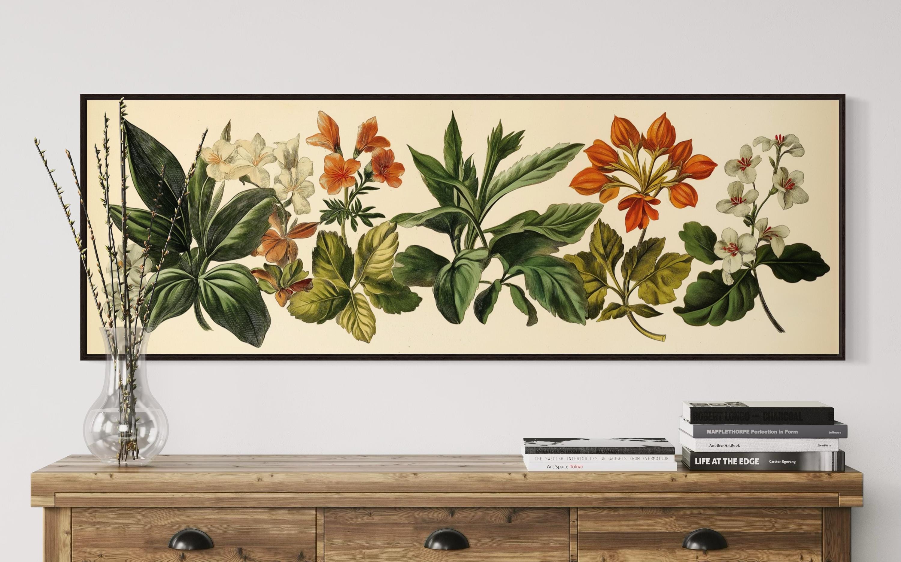 Vintage Botanical Wall Art - Panoramic Flower Illustration Canvas Print, Rustic Long Narrow Art for Above Bed or Cottagecore Home Decor