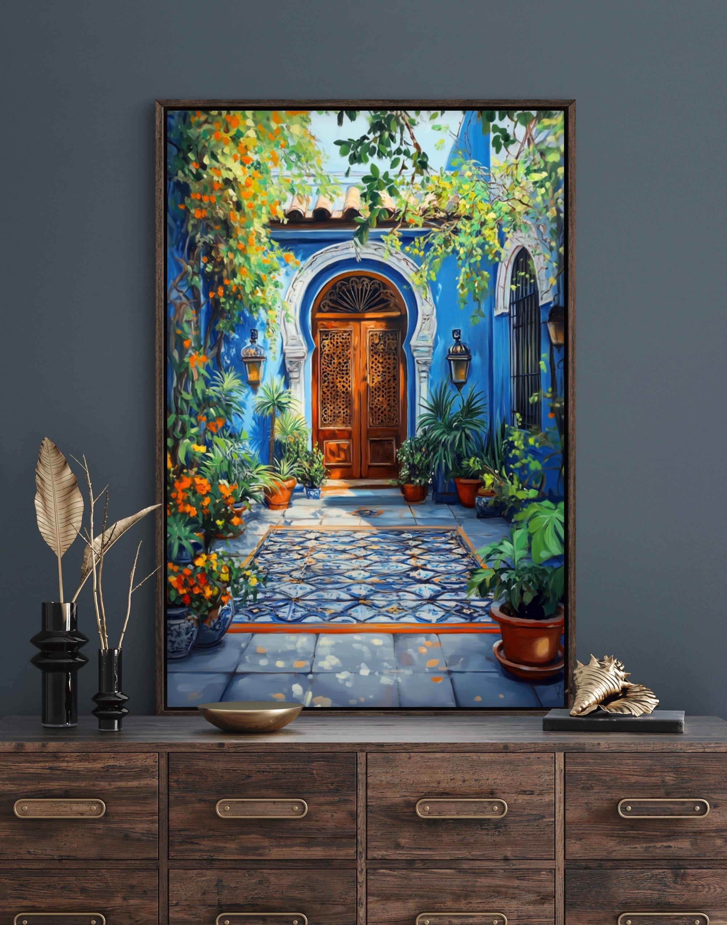 Vibrant Indian Courtyard With Blue Door Canvas - South Asian Art