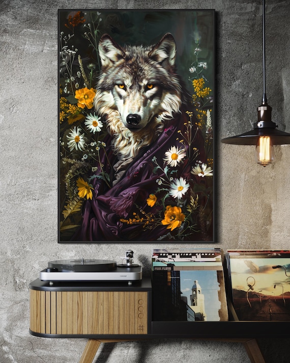 Regal Wolf Portrait - Victorian Artwork with Dark Florals, Whimsical Wolf Print for Dark Academia and Weird Home Decor