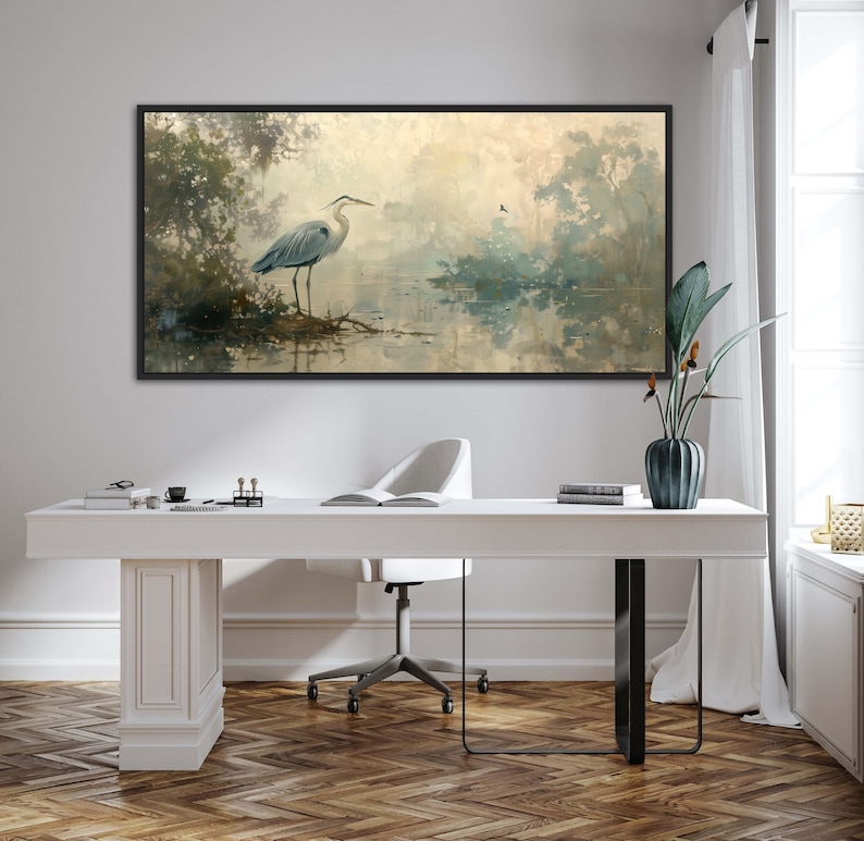 A serene heron stands amidst a tranquil swamp, reflected in the calm waters, set against a backdrop of ethereal, golden-hued trees and a soft, diffuse light that permeates this peaceful landscape painting.