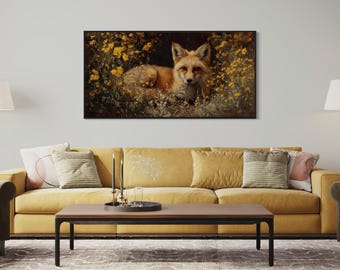 Rustikaler Fuchs in Wildblumen Art Print - Waldtier Wandkunst, Herbst Natur Dekoration, Landhaus Wildtiere Druck