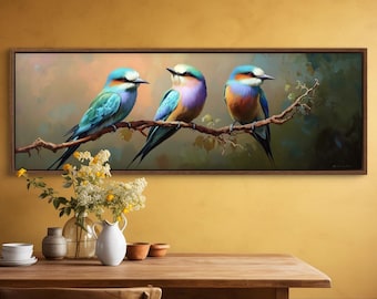 Colorful Bird Wall Art - Elegant Teal and Orange Bird Trio on Branch Print, Modern Wildlife Panoramic Canvas for Above Bed and Couch Decor