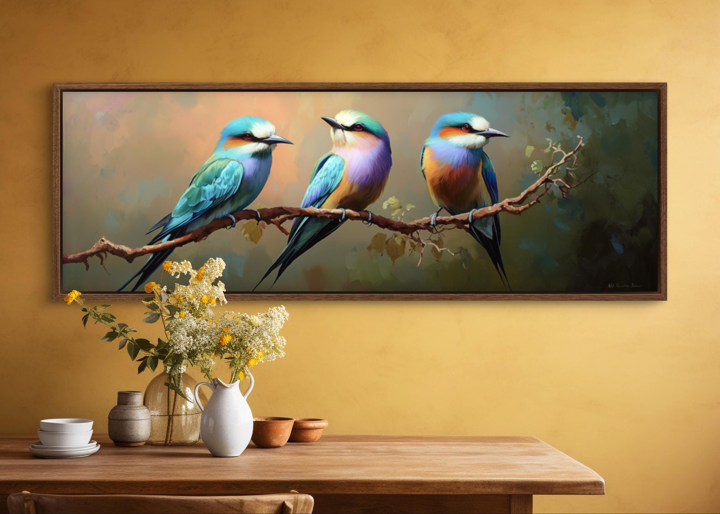 Colorful Bird Wall Art - Elegant Teal and Orange Bird Trio on