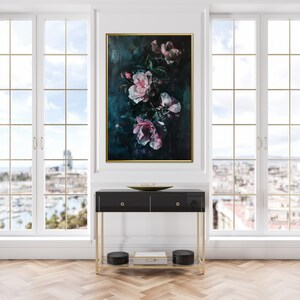 Emerald Nocturne  - A captivating floral display, with blooms of pink and white against a deep teal backdrop, exuding a mysterious, nocturnal charm.