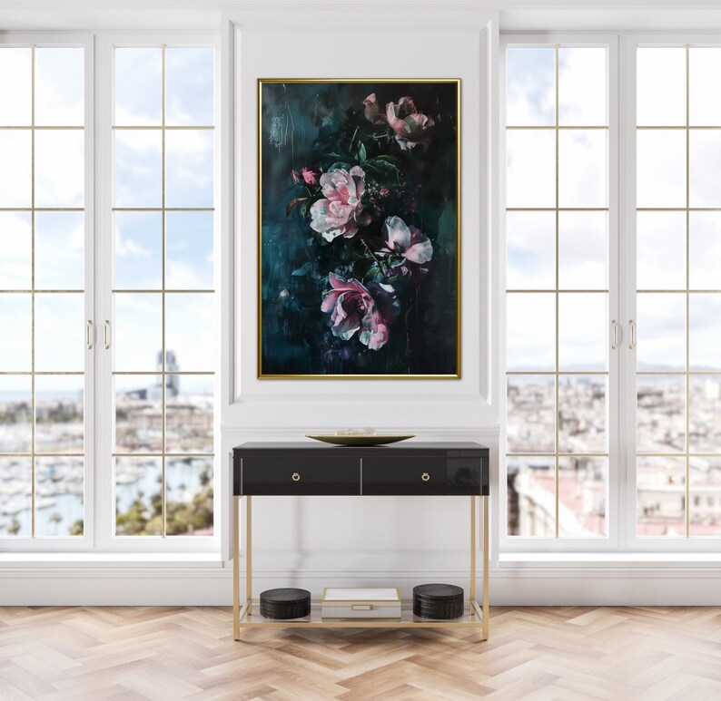 Emerald Nocturne  - A captivating floral display, with blooms of pink and white against a deep teal backdrop, exuding a mysterious, nocturnal charm.