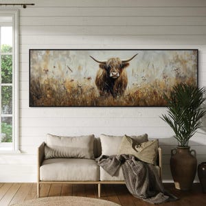 Highland Cow Wall Art – Rustic Farmhouse Animal Canvas PRINT for Living Room or Above Bed, Country Decor with Wildflowers