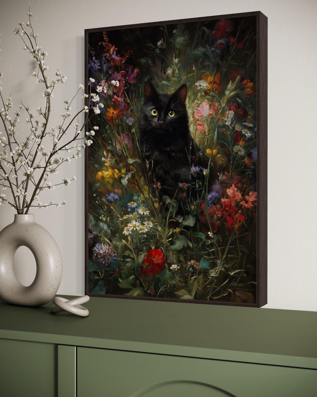 Vintage Black Cat Halloween Art Print – Gothic Floral Wall Decor, Dark ...