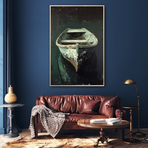 A tranquil artwork capturing a rustic boat's serene reflection in still waters, embodying a quiet escape and the beauty of simplicity. Ideal for a calming space.