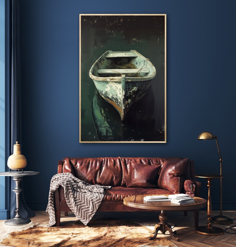 A tranquil artwork capturing a rustic boat's serene reflection in still waters, embodying a quiet escape and the beauty of simplicity. Ideal for a calming space.