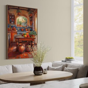 This vibrant art print captures a cozy Mexican kitchen filled with warm terracotta tones, rustic wooden furniture, and colorful tiles. Fresh produce, hanging plants, and pottery create a welcoming, homely feel. A perfect piece for farmhouse.