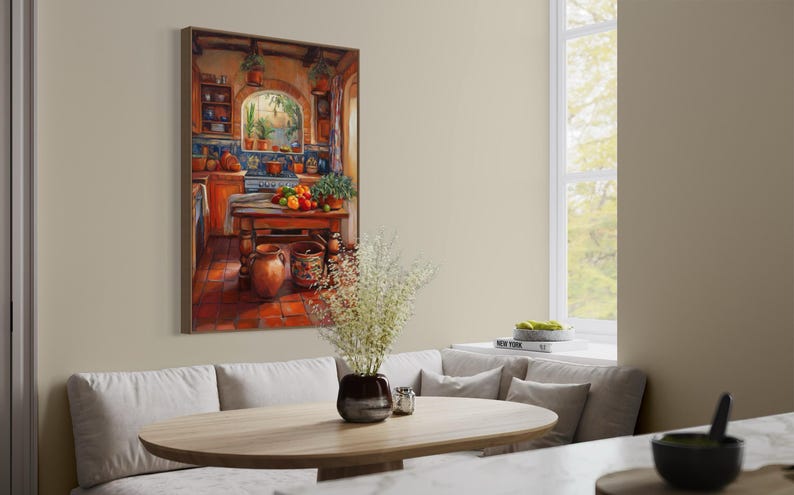 This vibrant art print captures a cozy Mexican kitchen filled with warm terracotta tones, rustic wooden furniture, and colorful tiles. Fresh produce, hanging plants, and pottery create a welcoming, homely feel. A perfect piece for farmhouse.