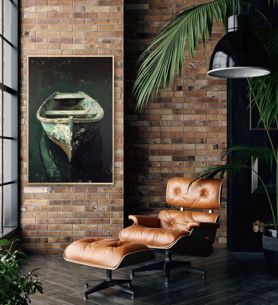 Rustic Boat On Emerald Green Lake Art - Serene Beauty, Boat Painting PRINT, Dark Green Waterscape Wall Art, Meditation Wall Art
