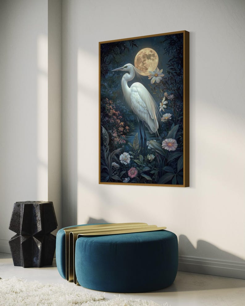 Ethereal Great Egret Art Tropical Moonlight Print With Wildflowers