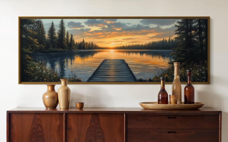Sunset Lake Dock Art Print – Tranquil Nature Landscape Wall Art, Rustic ...