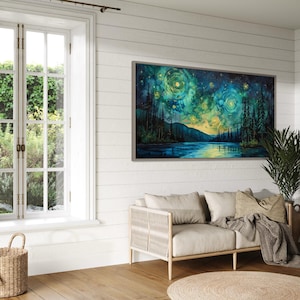 A breathtaking nightscape where swirls of luminescent green and yellow dance across the sky, mirroring on the tranquil lake below. Tall pines stand in silhouette against a Van Gogh-inspired celestial masterpiece.