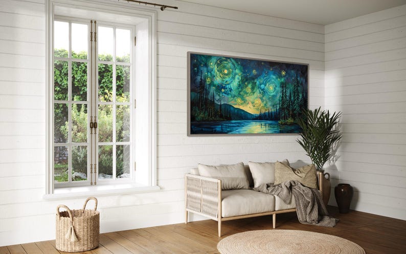 A breathtaking nightscape where swirls of luminescent green and yellow dance across the sky, mirroring on the tranquil lake below. Tall pines stand in silhouette against a Van Gogh-inspired celestial masterpiece.
