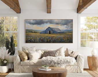 Cuadro decorativo de paisaje de granero azul: lámina rústica de campo de flores silvestres, lienzo o póster campestre, decoración rural de primavera enmarcada.