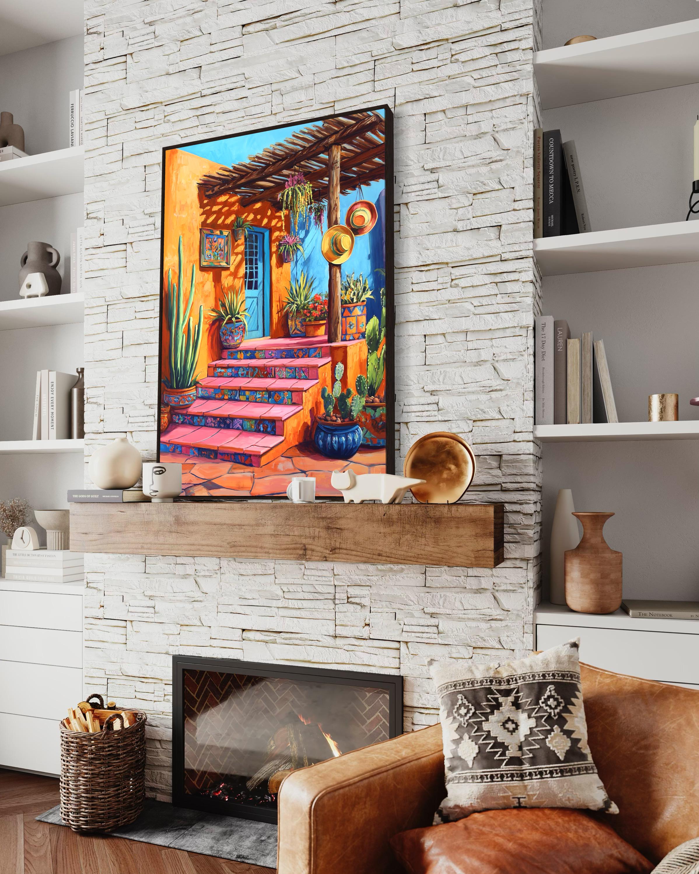 Mexican Tile Patio Art Print – Colorful Southwest Adobe Wall Decor
