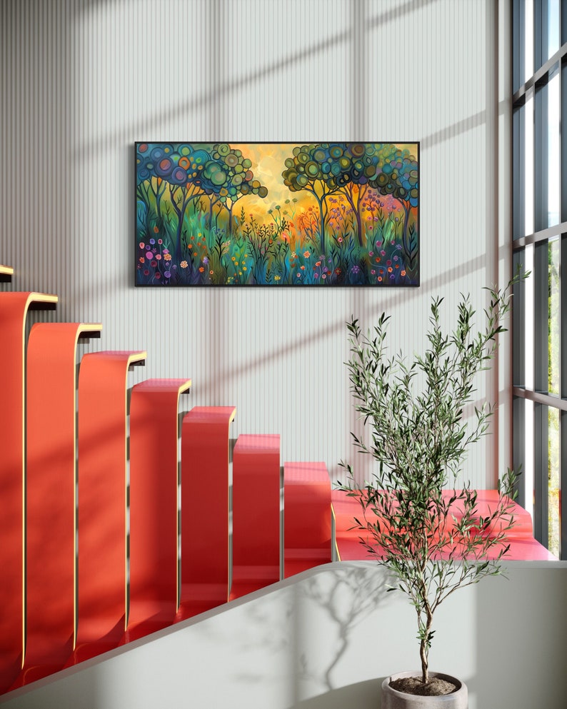 A whimsical forest comes to life with stylized trees crowned with circular canopies in shades of green and blue, while vibrant, colorful flowers bloom below in a magical, storybook setting.