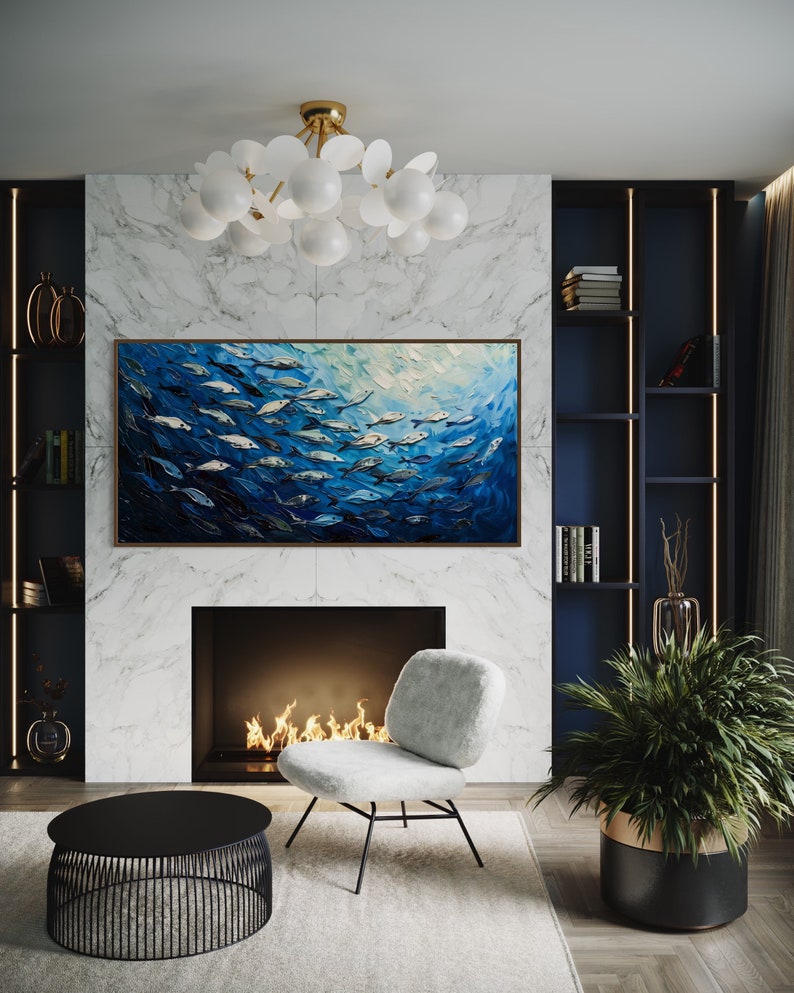 A dynamic school of fish swims in unison through the tranquil blue sea, their silvery scales reflecting light, depicted with thick, textured brushstrokes that give life and movement to this captivating marine scene.