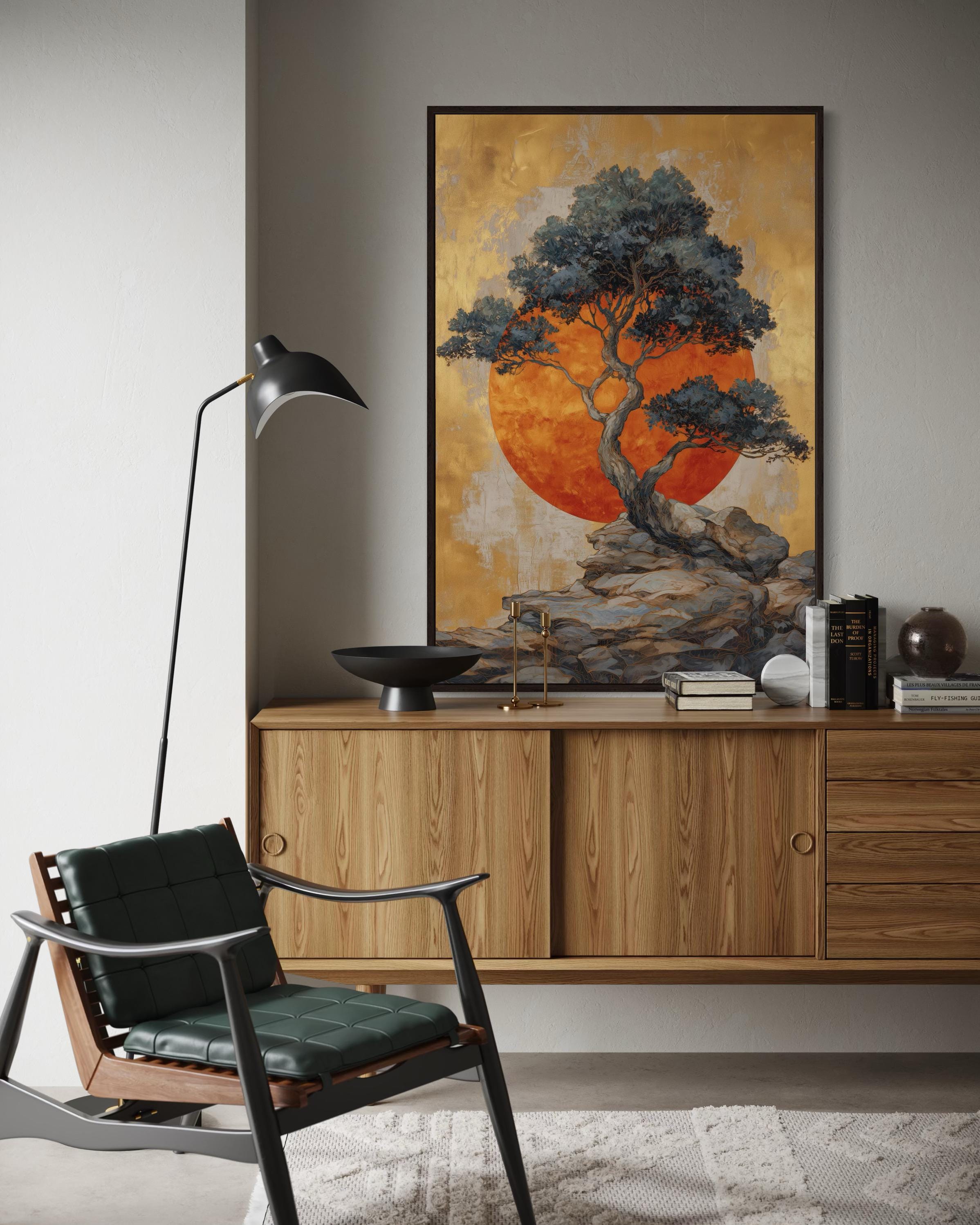 Japandi Tree Wall Art – Golden Sun Minimalist Print, Japanese ...