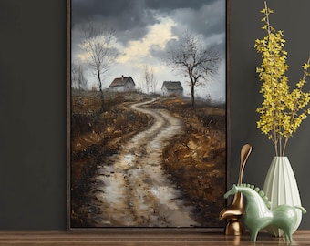 Rustic Country Road Wall Art – Moody Landscape Painting Print, Autumn Cottage Path Canvas, Farmhouse Decor, Framed or Unframed