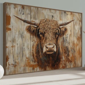 May include: A close-up portrait of a brown Highland cow with long, shaggy hair. The cow's face is framed by a rustic wooden background with a weathered, distressed look.