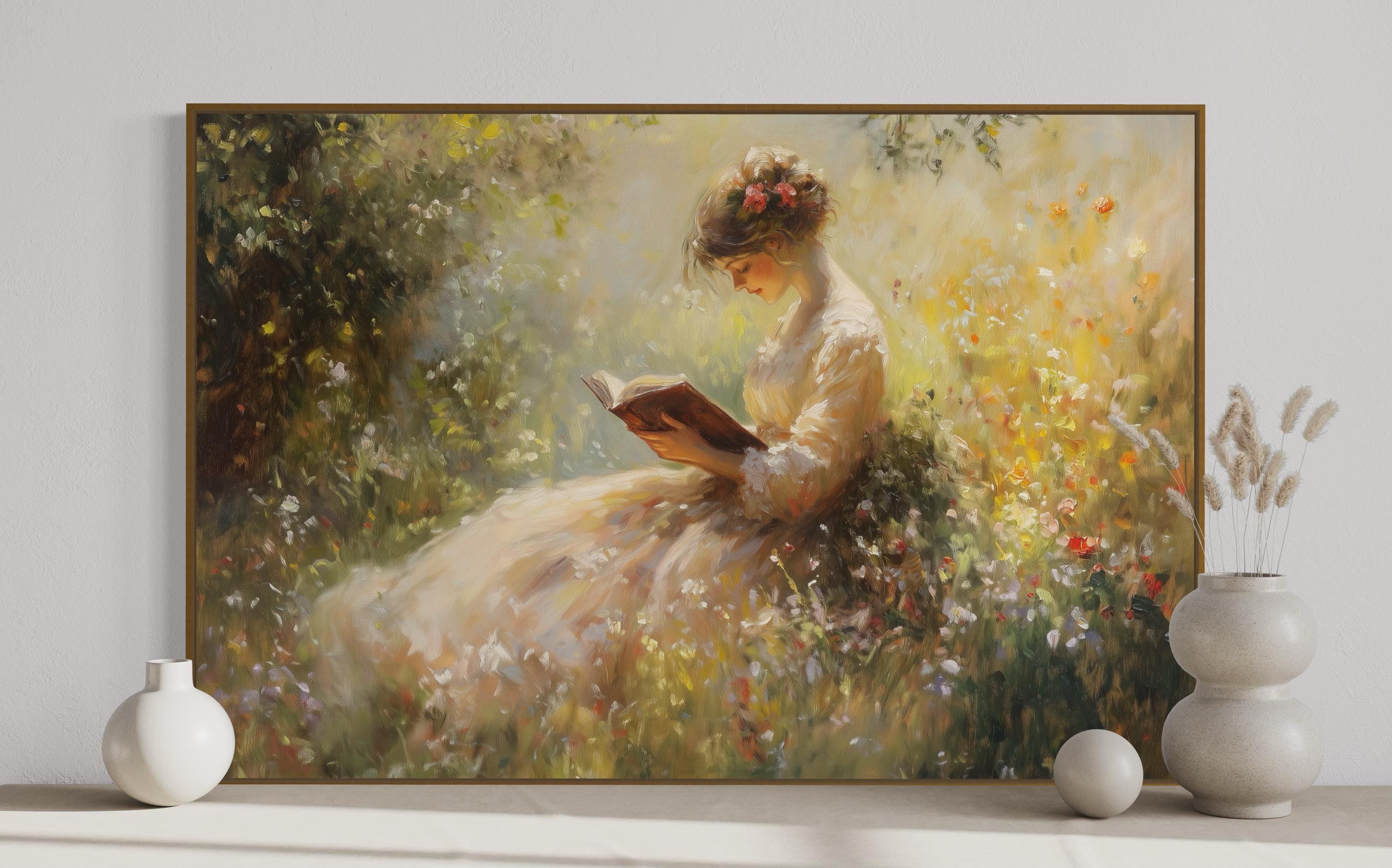 Romantic Lady Reading Canvas – Vintage Floral Wall Art, Elegant Cottagecore Print, Classical Home Decor for Living Room or Bedroom