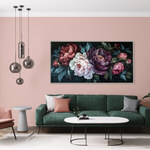 Midnight Bloom - A lush display of peonies in rich purples and delicate pinks, set against a deep, dark backdrop, exuding elegance and drama.