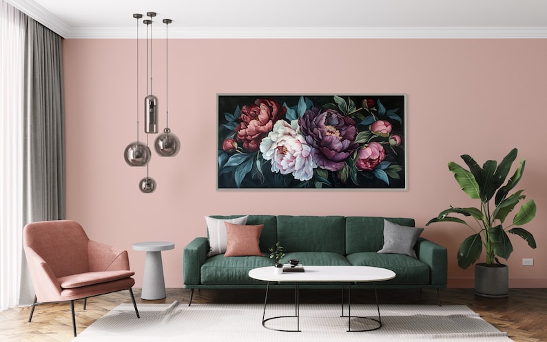Midnight Bloom - A lush display of peonies in rich purples and delicate pinks, set against a deep, dark backdrop, exuding elegance and drama.